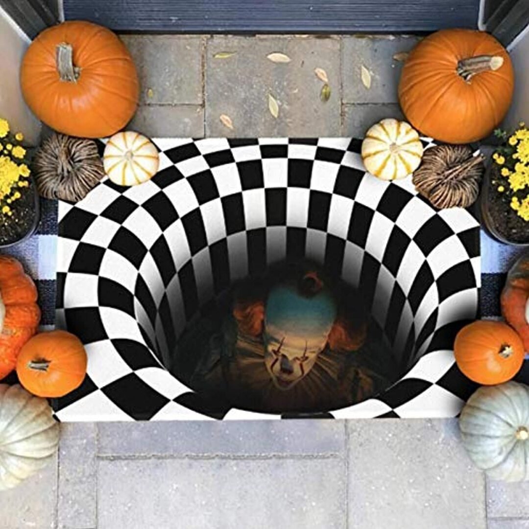 Halloween Area Rug, Black White Plaid3D Vortex Optical Illusion Rug Round Carpet Clown Doormat、、sdecorshop