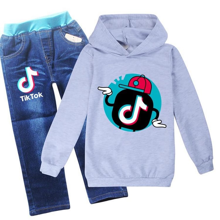 4-12 Years Boys Girls Tik Tok Printed Hoodie And Blue Jeans Outfit Set-Mayoulove