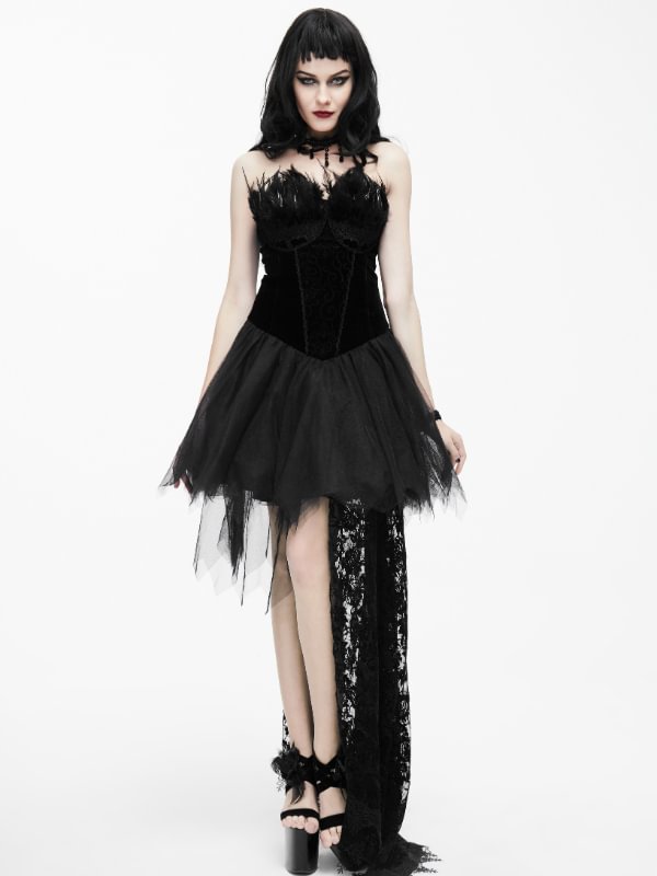 Gothic Wedding Strapless Feathered Sexy Short Velveteen Dress with Rose Lace Tail