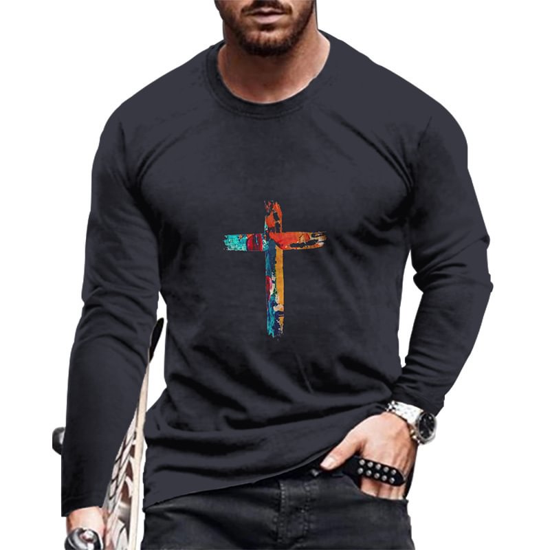 Cross Pattern Cotton Casual Top Men's Long-Sleeve T-Shirts-VESSFUL