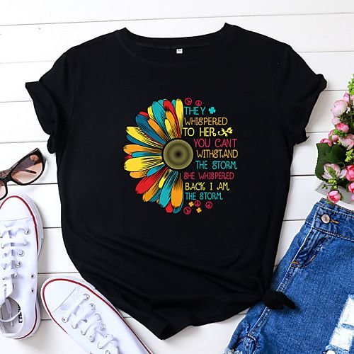 BrosWear Women's Alphabet Floral Print Cotton-Blend T-Shirt