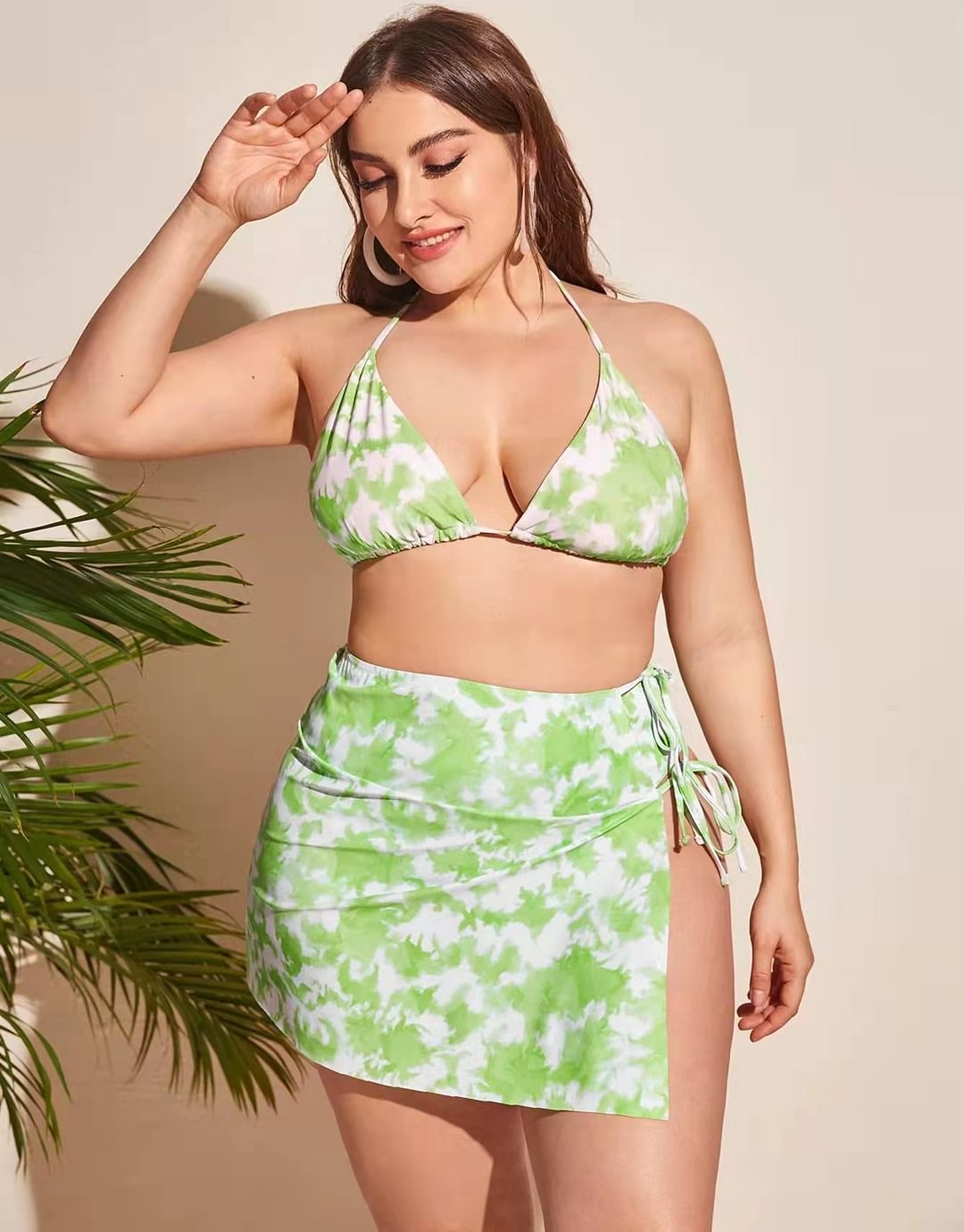 Plus Size Green Tie Dye Halterneck Sideways Lace-Up Bikini Set