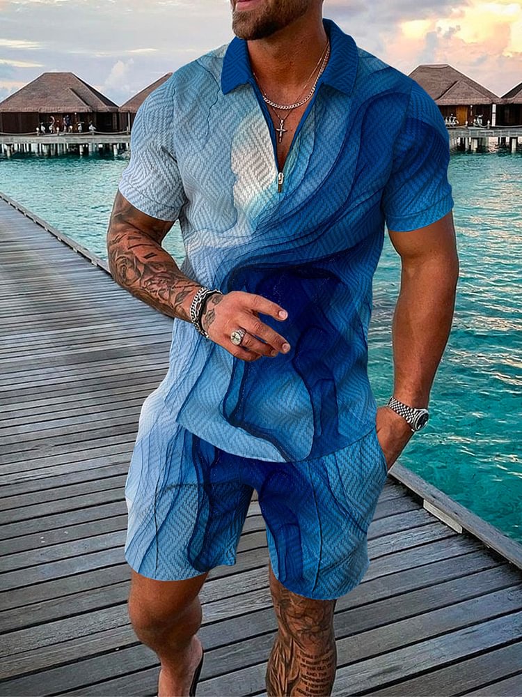 Men's Blue Art Gradient Printing Polo Suit