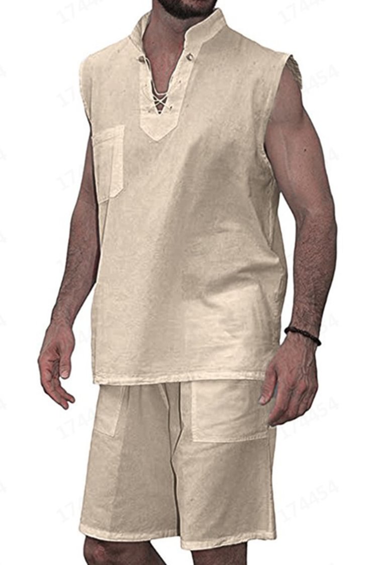 Tiboyz Men's Outfits Cotton Linen Loose Solid Color Tank Top Two Piece Set