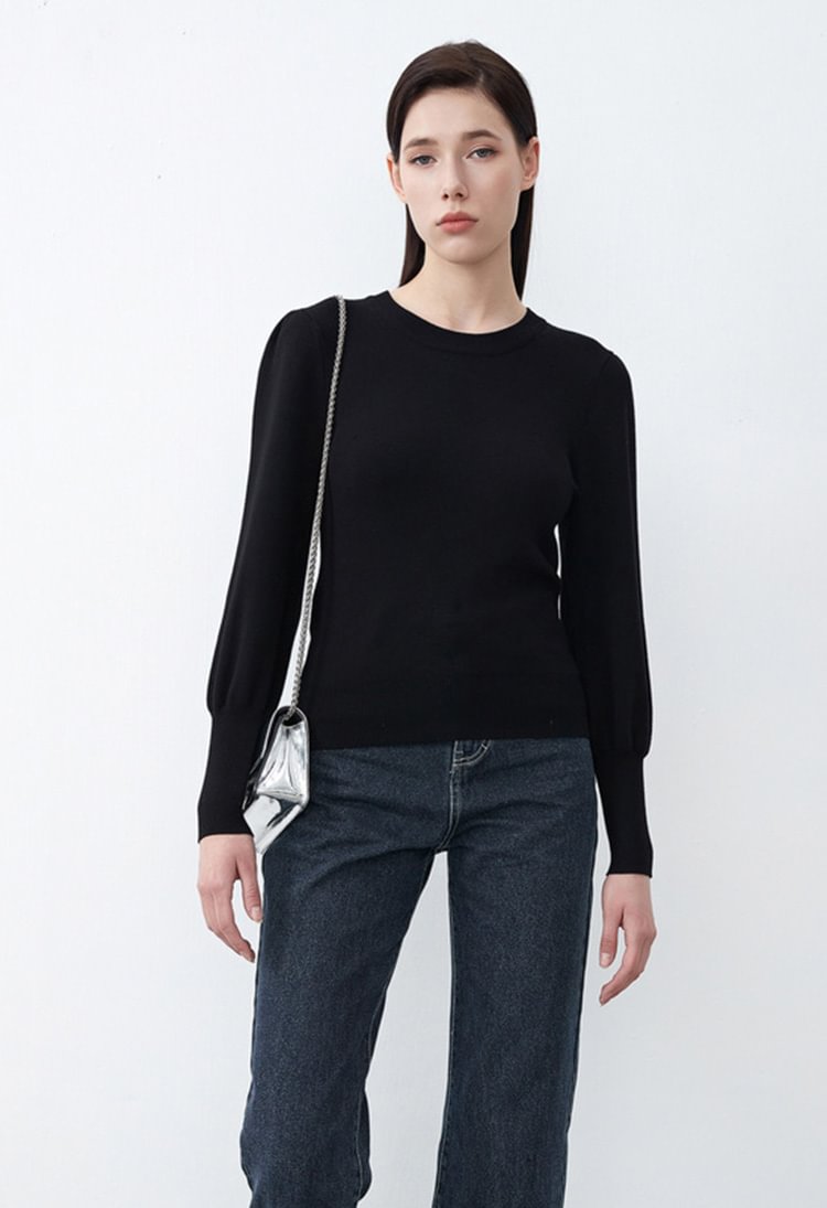 SDEER Round Neck Pleated Black Long-sleeved Sweater