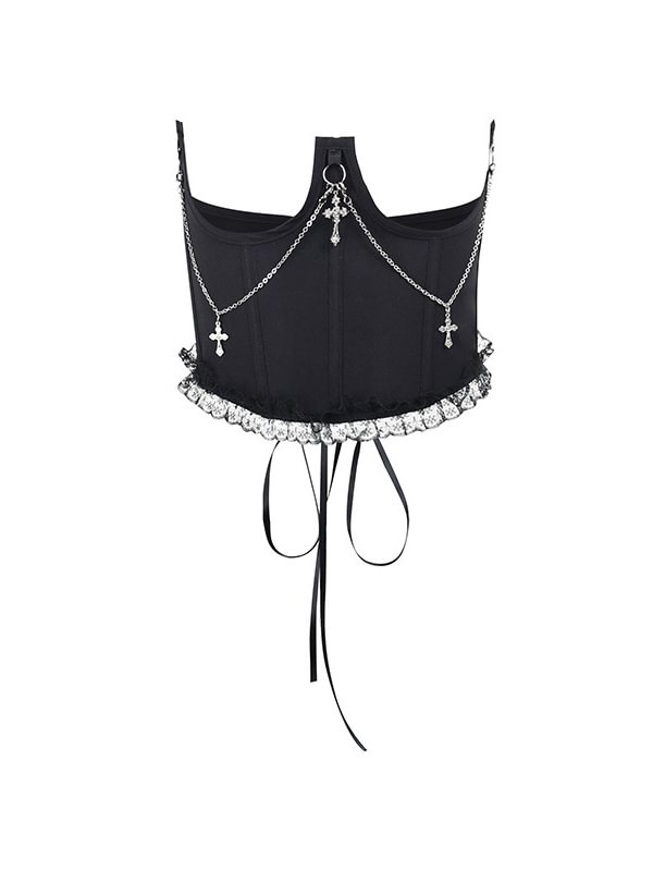 Dark Goth Solid Color Chain-trimmed Cross Pendants Lace Paneled Corset