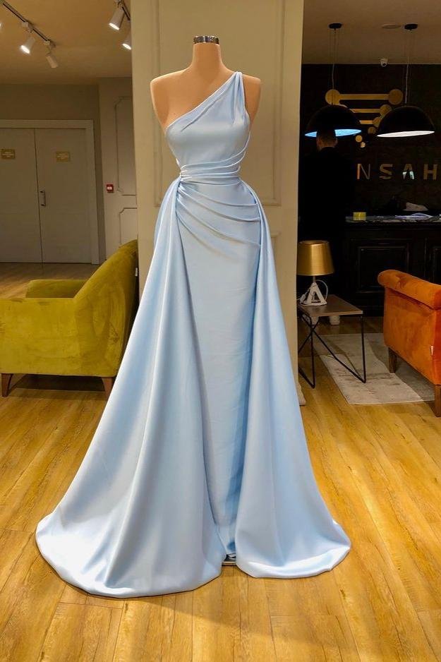Luluslly One Shoulder Baby Blue Evening Dress With Ruffles