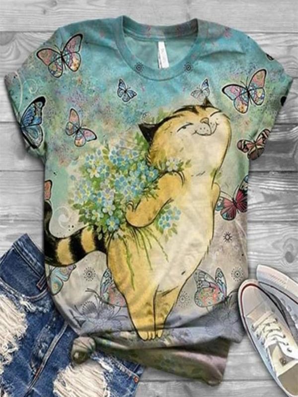 Casual Cartoon Cat Floral Butterfly Print Paneled T-shirt