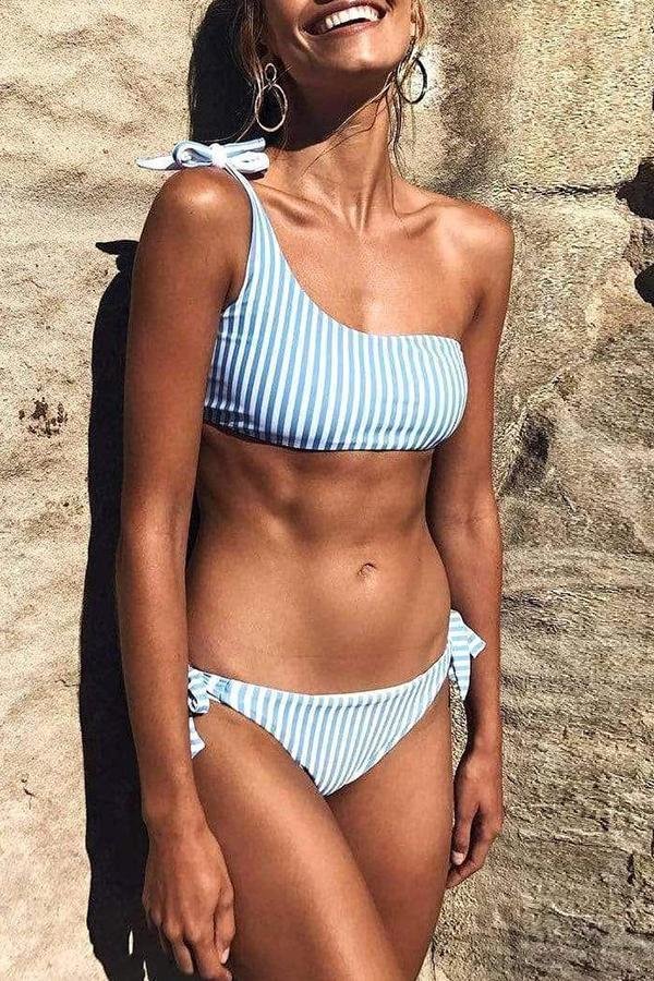 Women Striped One-shoulder Knotted Fresh Bikini-Allyzone-Allyzone