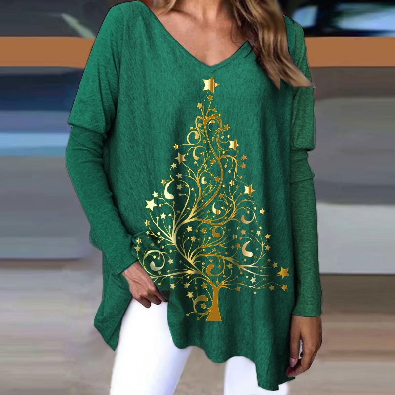 Gilt Rim Christmas Tree Print Pattern Ladies Green Blouse