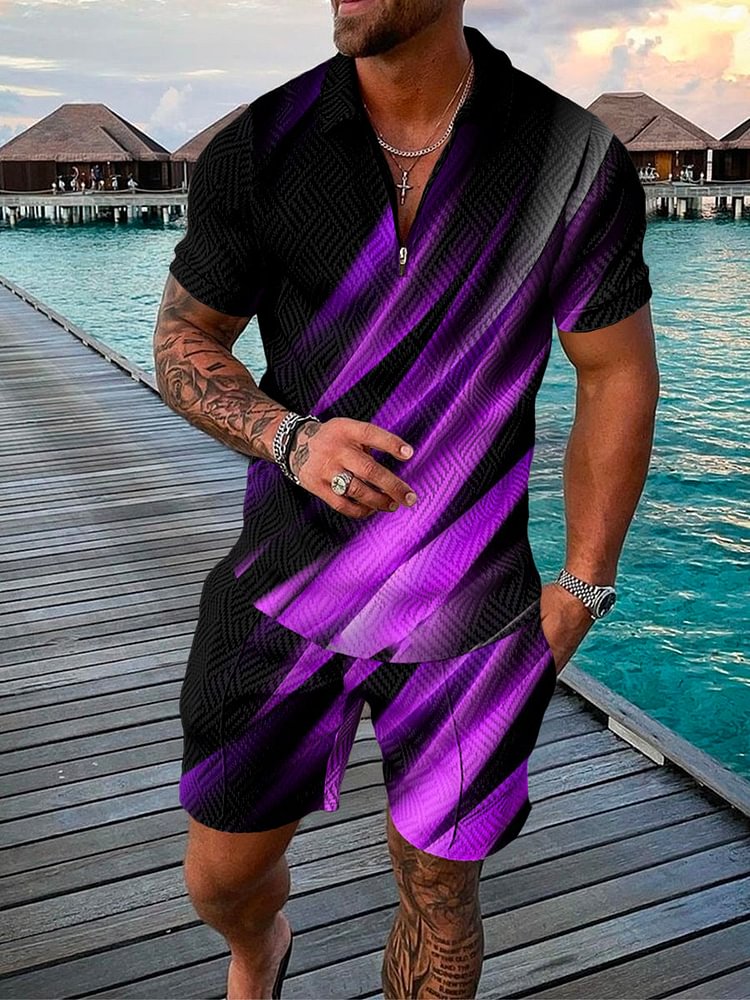 Men's Vacation Purple Aurora Graffiti Printing Polo Suit