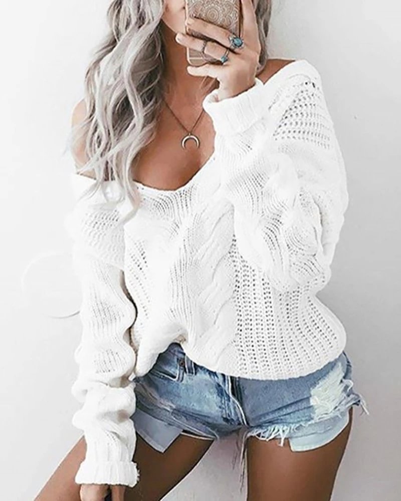 Long Sleeve Hollow Out Knit V-Neck Sweater-Corachic