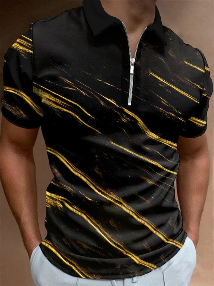 Stripe Print Short-Sleeved Zipper Men's Polo Shirts-VESSFUL