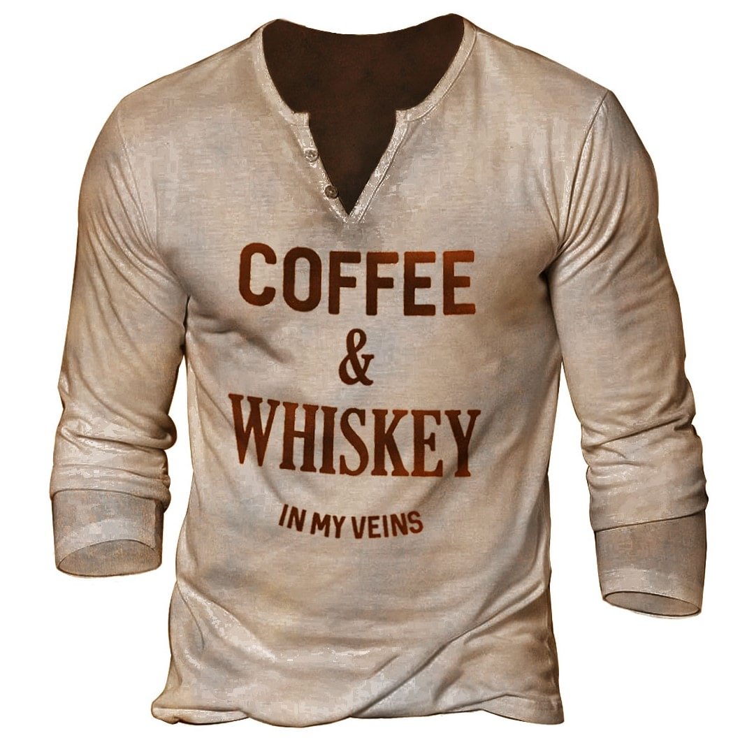 Mens Outdoor I have coffee and whiskey Print Henley T-Shirt / [viawink] /