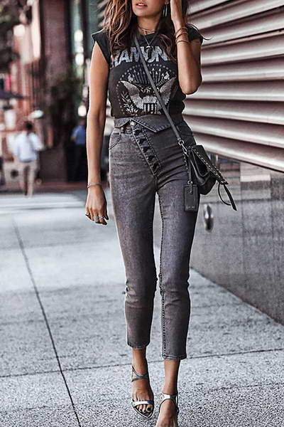 Womens High Waist Fold Over Waist Jeans-Allyzone-Allyzone
