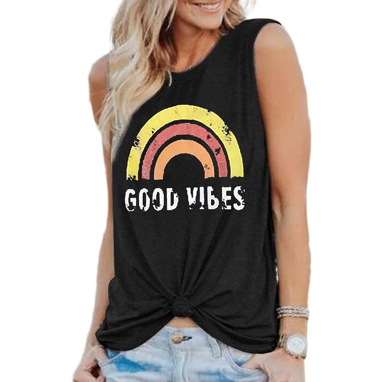 Women's Vest Good Vibes Rainbow Printing Round Neck Sleeveless T-shirt