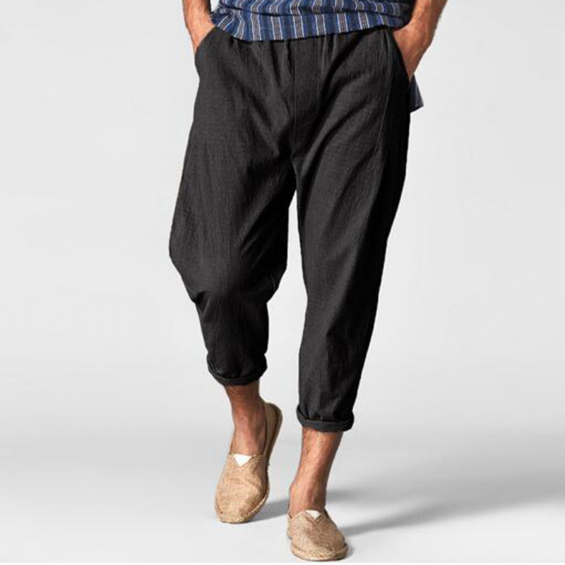 Men's Casual Linen Solid Drawstring Loose Pants-VESSFUL