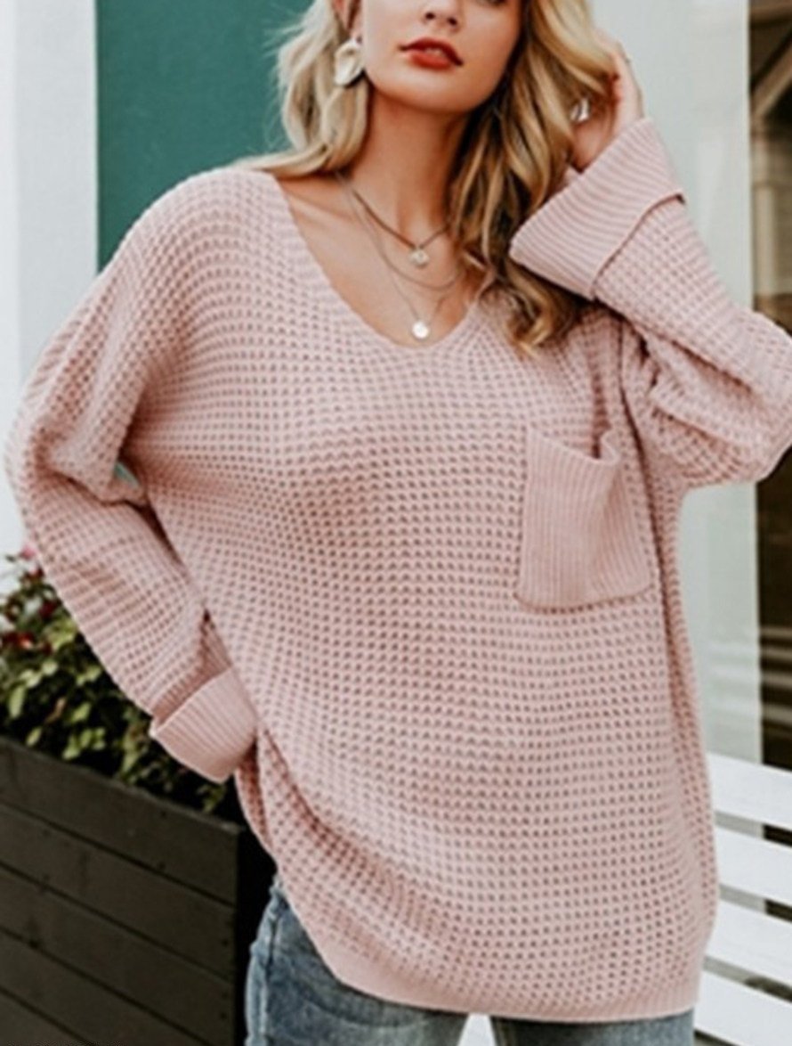 Casual Soft Pocket V-neck Long Sleeve Pullover-Corachic