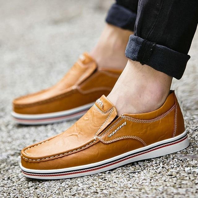 Leather Boat Shoes Casual Flats Moccasins Homme Driving Loafers Shoes Slip On Shoes-Corachic