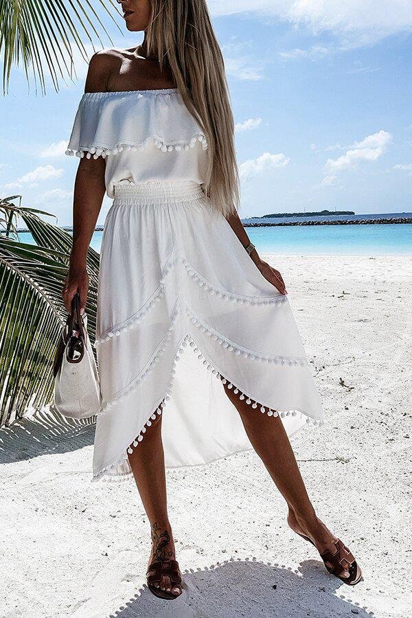 Bohemian Strapless White Irregular Dress P10304