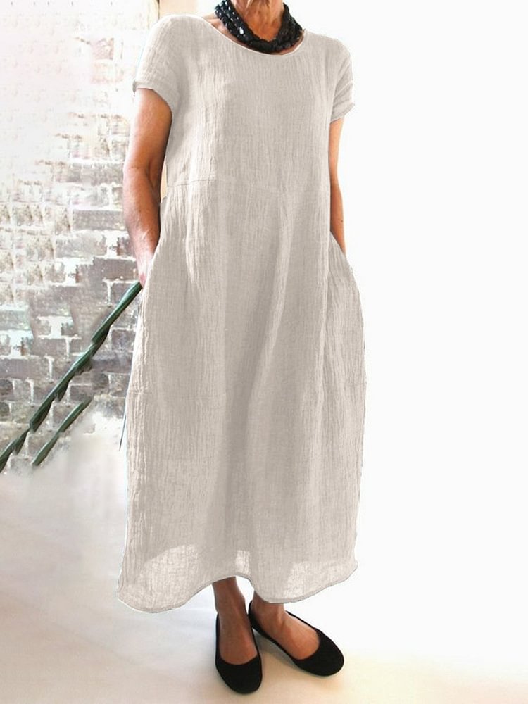 Women Linen Cotton Casual Solid Round Neck Dresses
