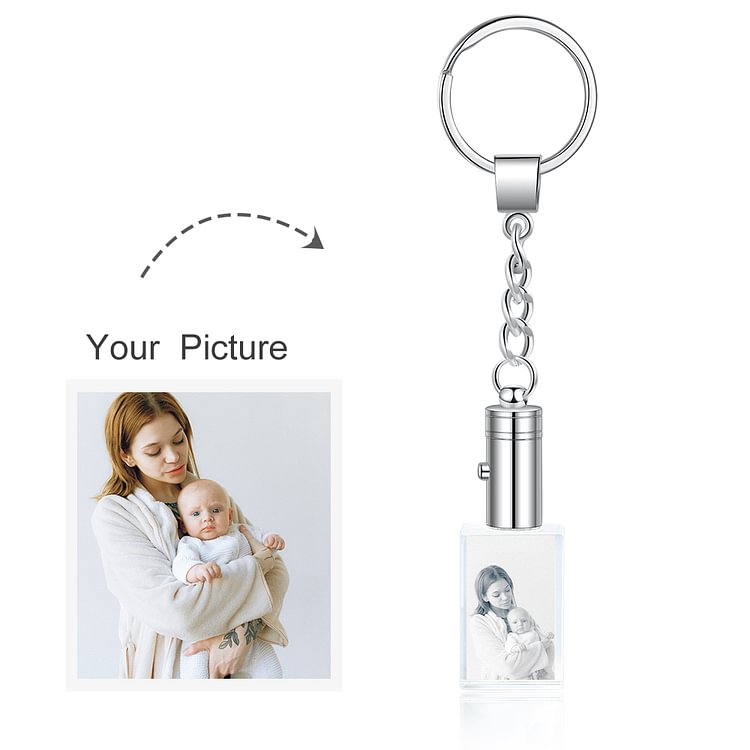 Square Lighted Custom Crystal Picture Etched Key Chain, Custom Necklace with Picture