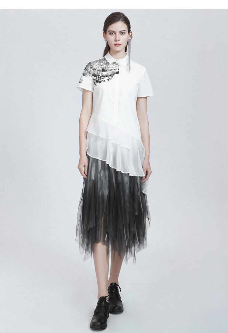 SDEER Elegant elastic gradient layered smudged mesh long skirt