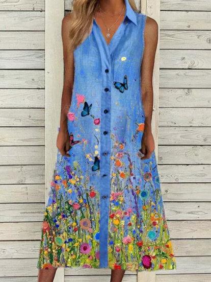 Floral Tunic V-Neckline Midi A-line Dress