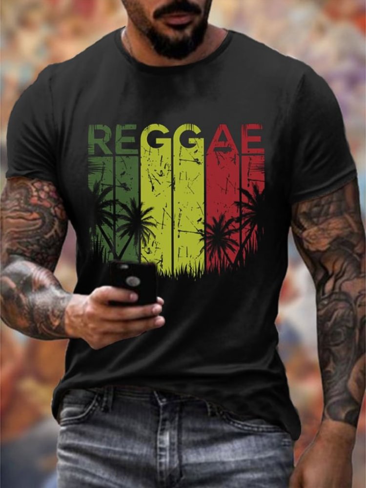 BrosWear Men's Reggae Print Crew Neck Short Sleeve T Shirt
