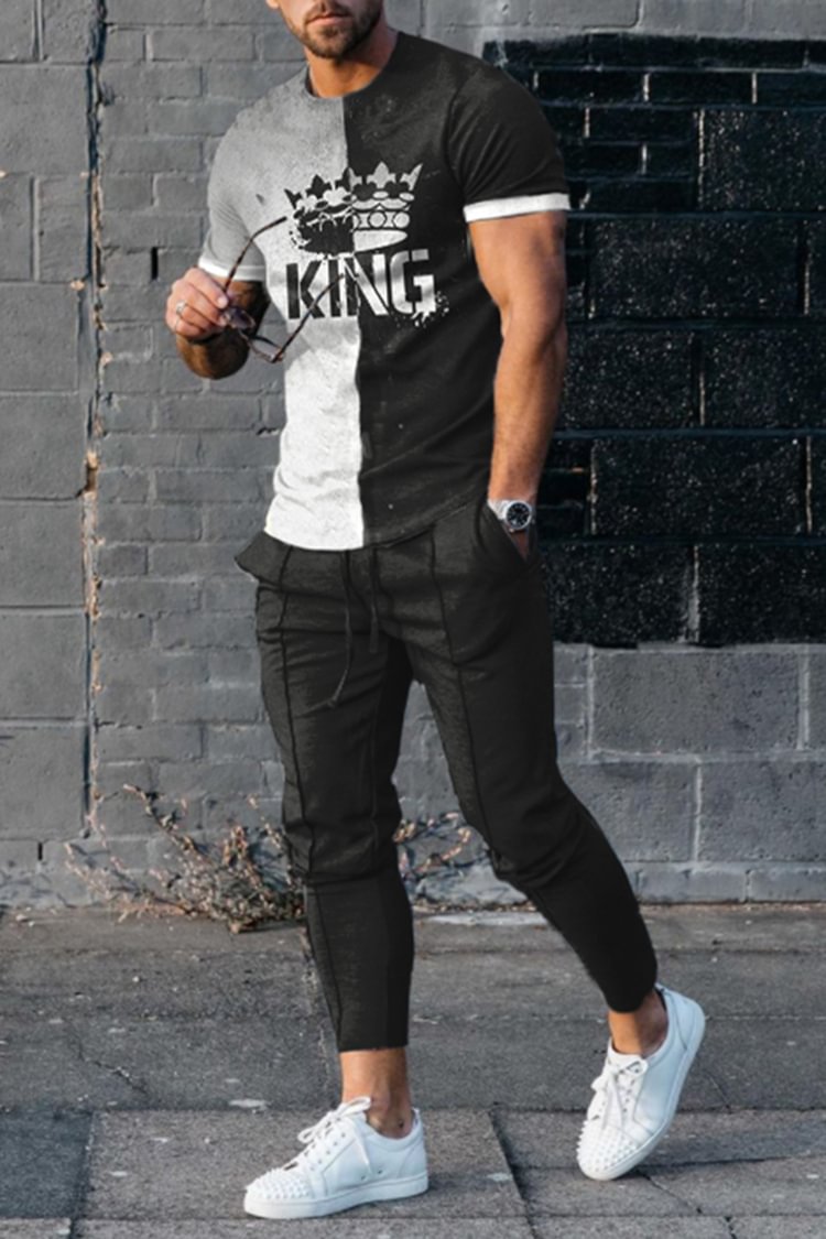 Tiboyz Contrasting Black And Grey King T-Shirt And Pants Two Piece Set
