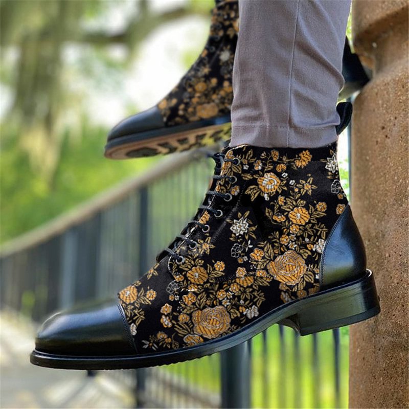 Retro embroidery floral printed mid-tube men's boots - Krazyskull