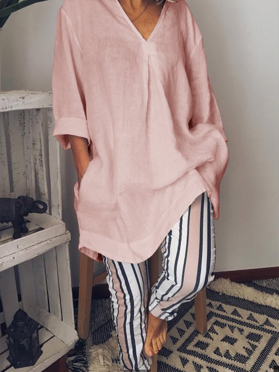 Women's V-neck Long Version Tee And Heavy Stripe Pants Suits