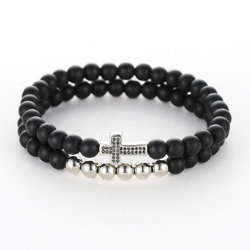 6MM 2Pcs Black Frosted Beads Cross Men Bracelet Set Jewelry-VESSFUL