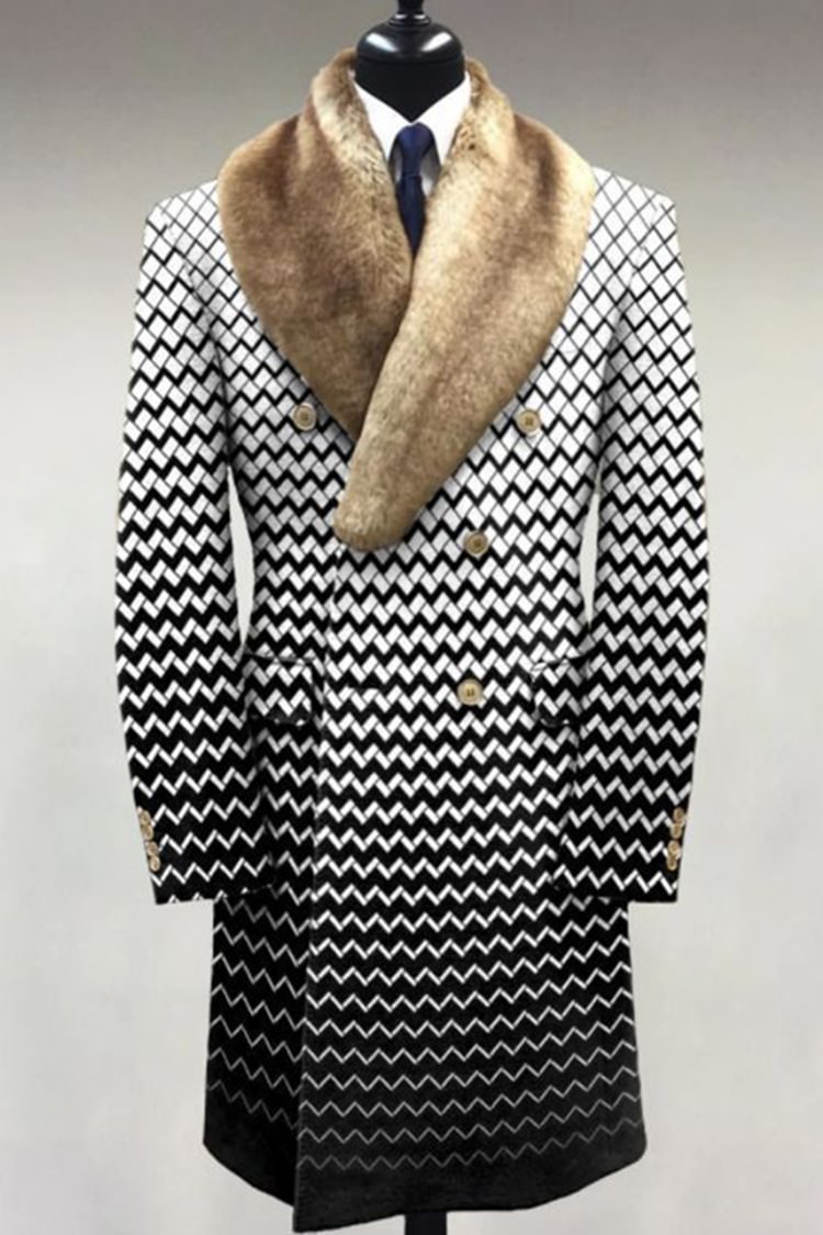 Tiboyz Fur Collar Wavy Striped Print Coat