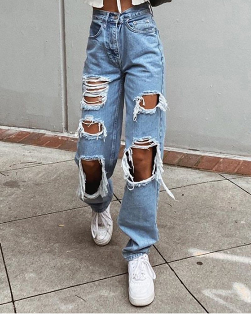 Ripped Cutout Pocket Design High Waist Jeans