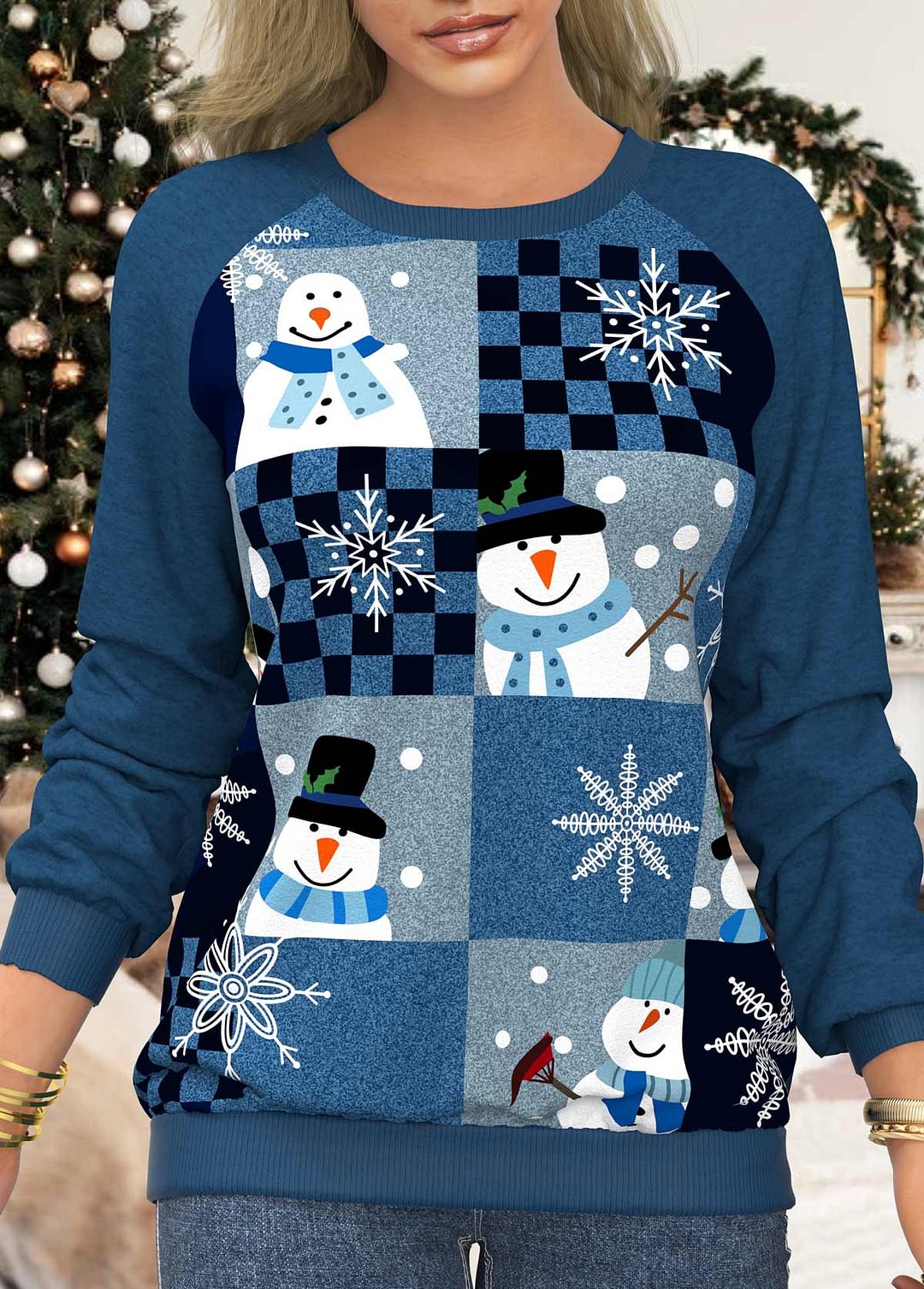 Winter Snowman Printed Plaid Women's Casual Sweatshirt