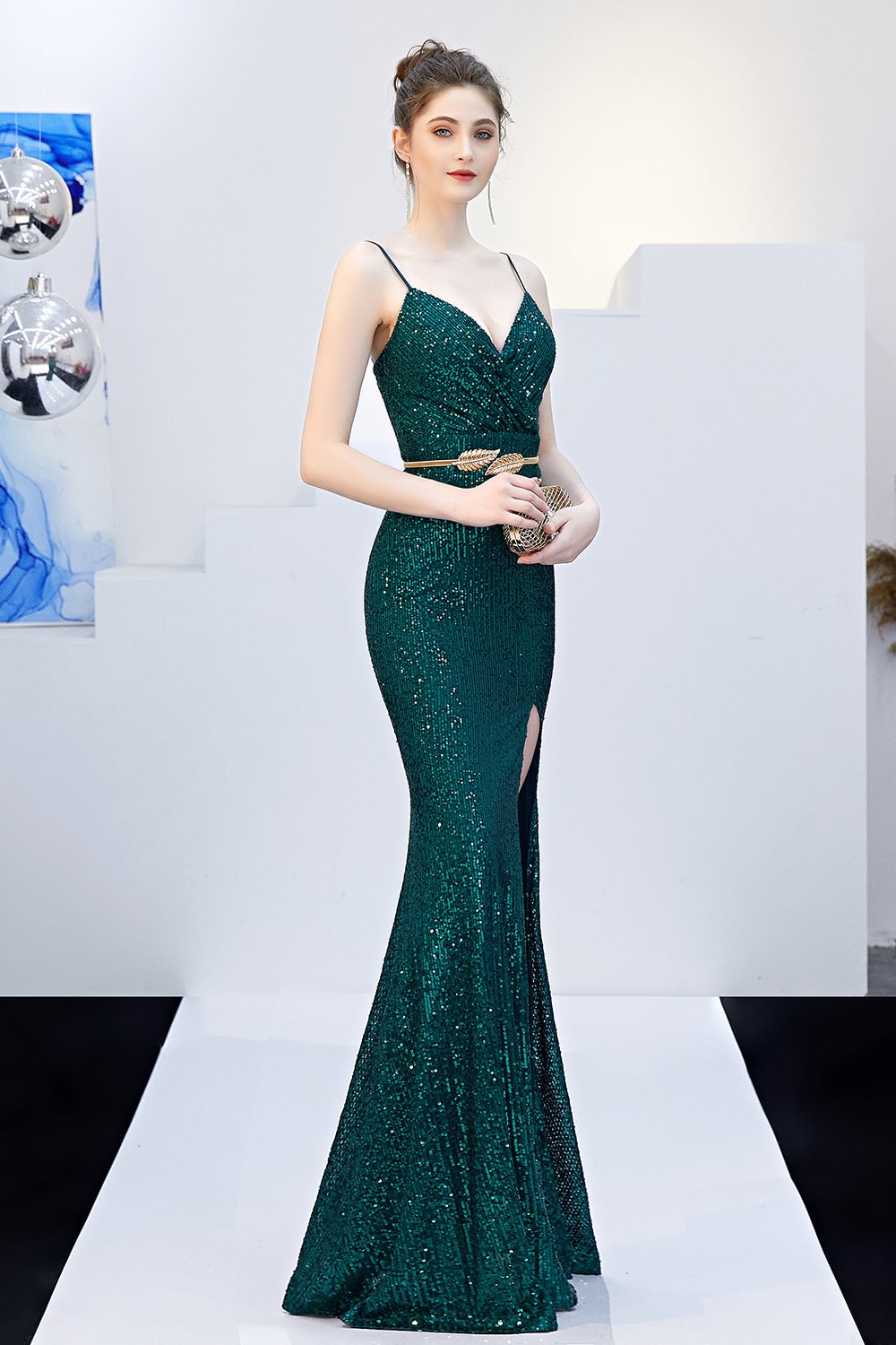 Dreamy Sequins V-Neck Evening Dress Mermaid Long Prom Dress