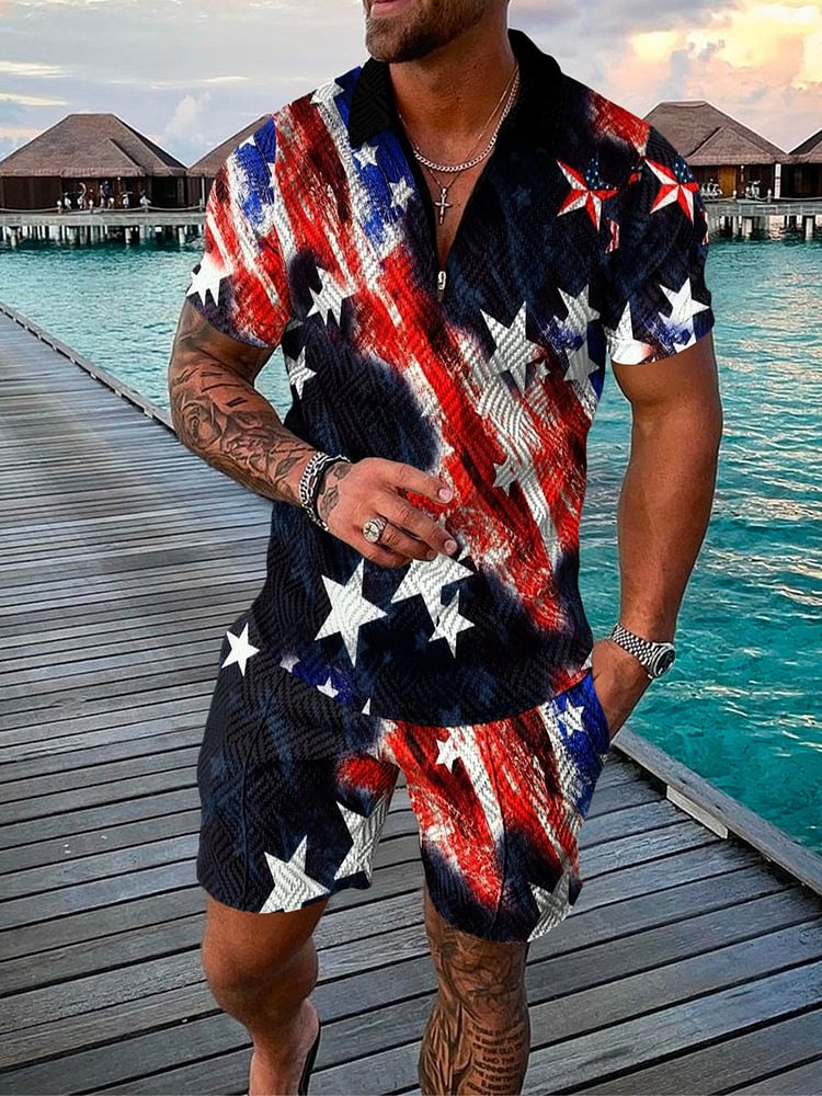 Men's Irregular Print Independence Day Polo Suit