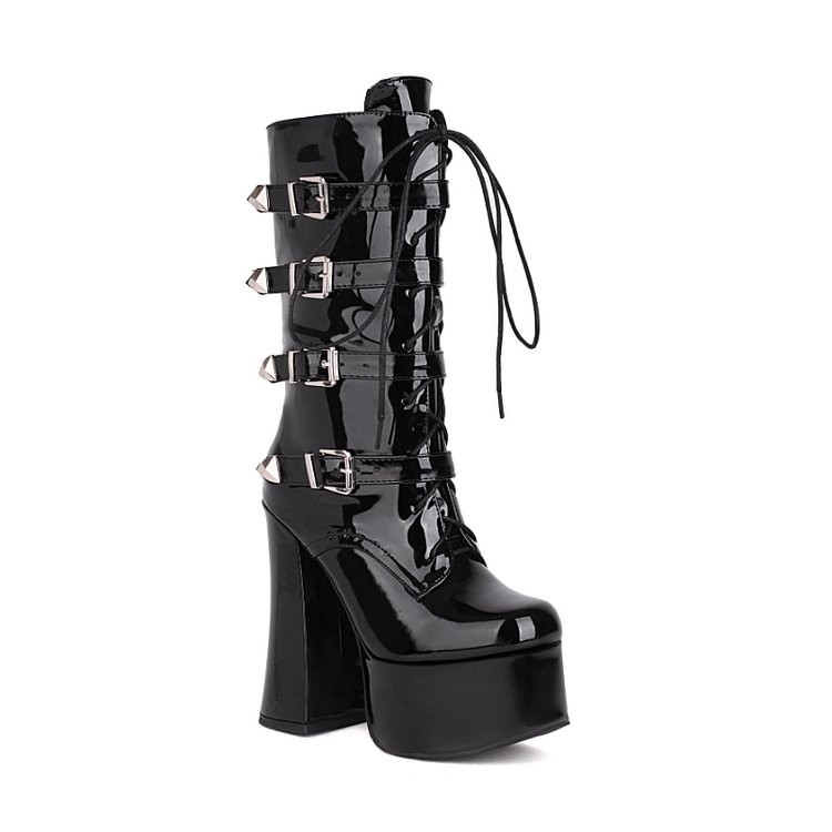 Statement Lace Up Straps High Chunky Heel Boots