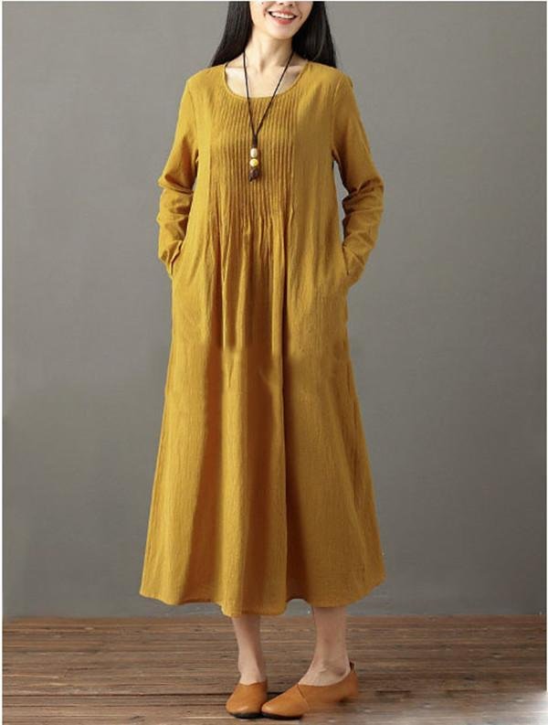 Pleated Solid Color Long Sleeve O-neck Vintage Dresses