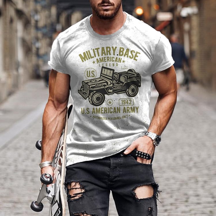BrosWear Light Grey Military Car Short Sleeve T-Shirt