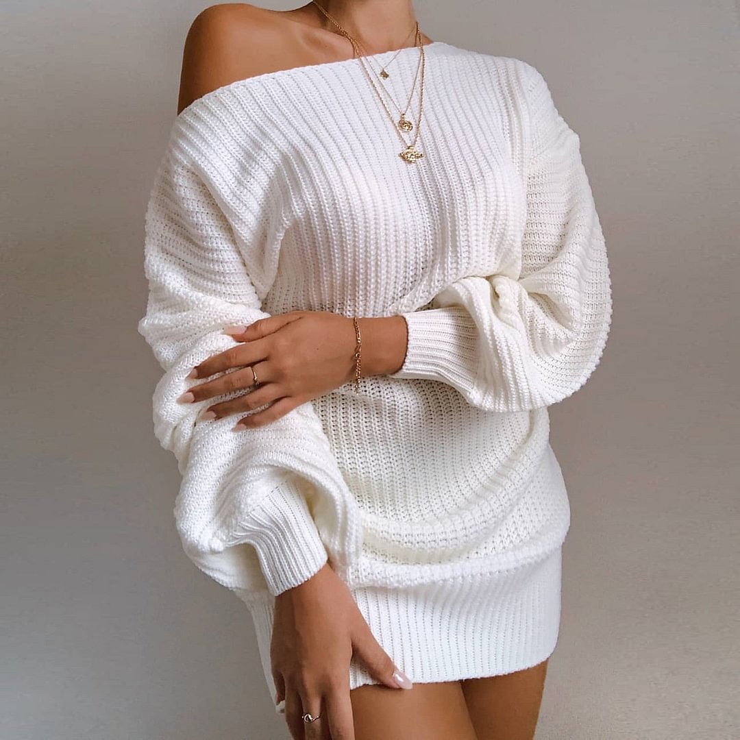 Autumn and Winter Casual Off Shoulder Knitted Wool Dress-Corachic