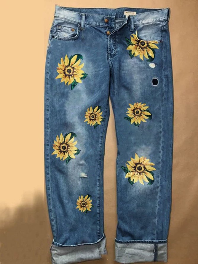Plus Size Women S-3XL Sunflower Embroidery Jeans