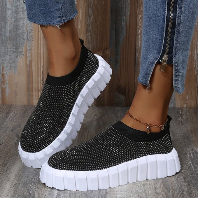 Rhinestone Slip on Tennis Shoes - High Thick Bling Sneakers