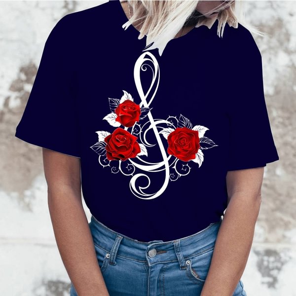 Fashion Funny Music Note And Rose Flower Printed T-shirts Women Summer Casual Short Sleeved T-shirts Round Neck Tops