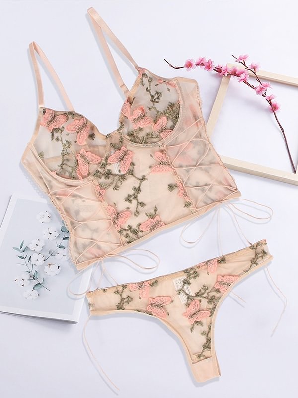 Embroidered Butterfly Print Mesh Lingerie Set-Icossi