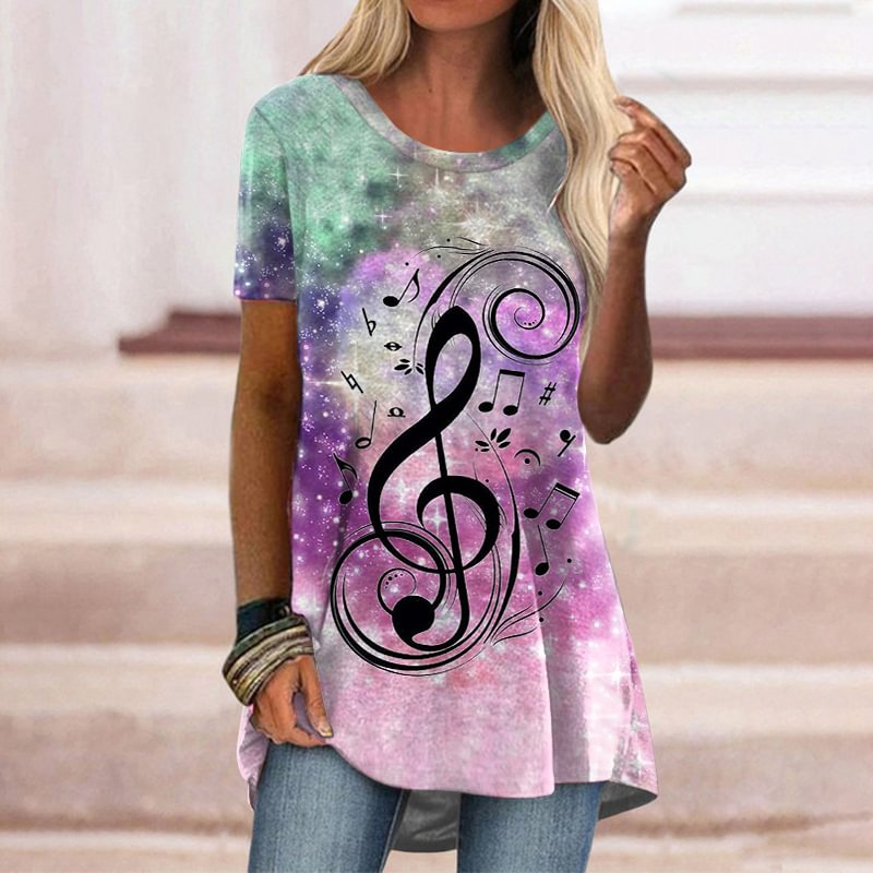 Womens Casual Fashion Musical Note Tie Dye T-shirt