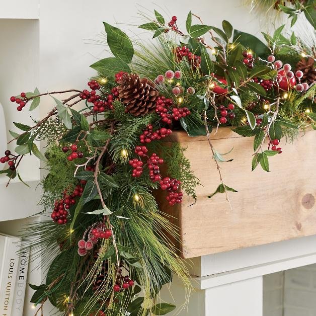 Bright Red Berry and Pinecone Cordless Winter Garland