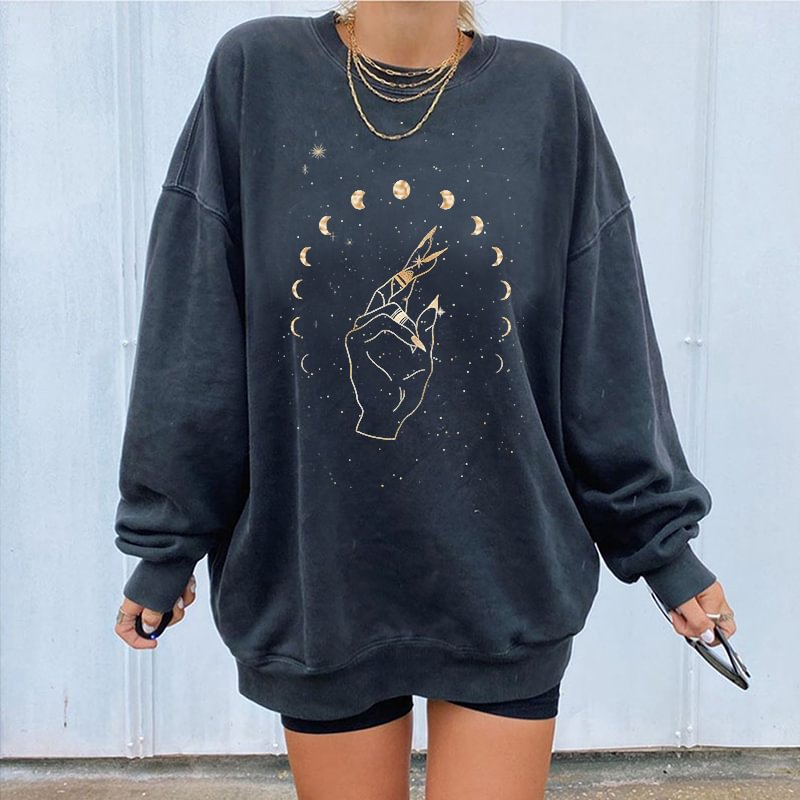   Mysterious Hand Starry Sky Moon Print Loose Sweatshirt - Neojana