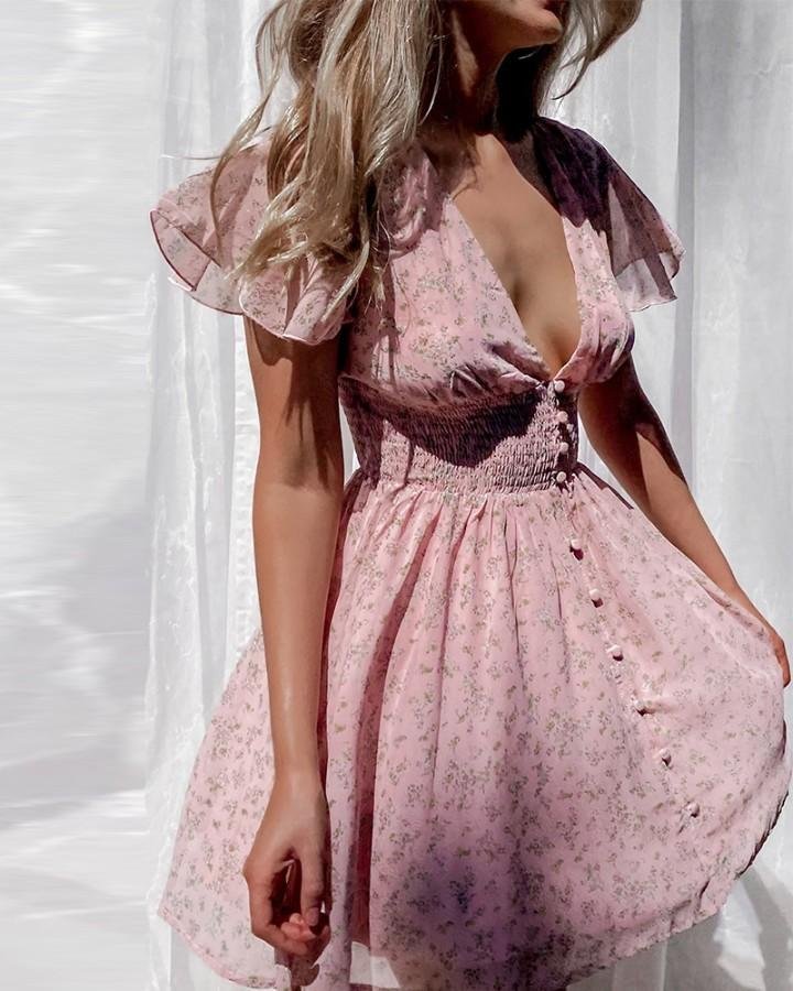 Floral Print Skinny Waist Ruffle Hem Short Sleeve Mini Dress P11924